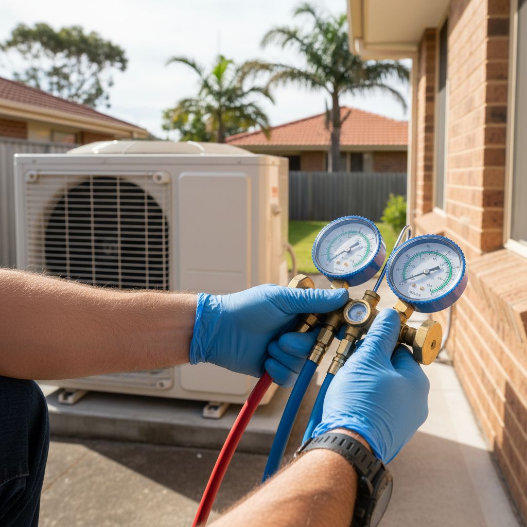 Refrigerant gauge readings being checked